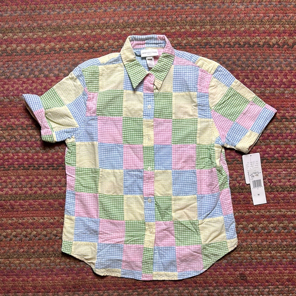 NEW VTG NEVER WORN PASTEL GINGHAM PATCHWORK BUTTON UP